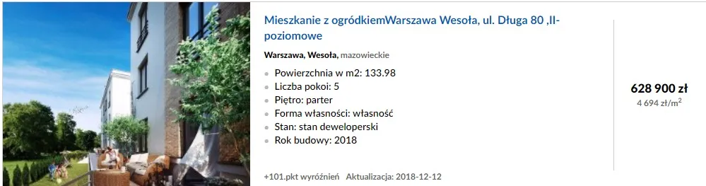 oferta nieruchomości na liście na portalu gratka
