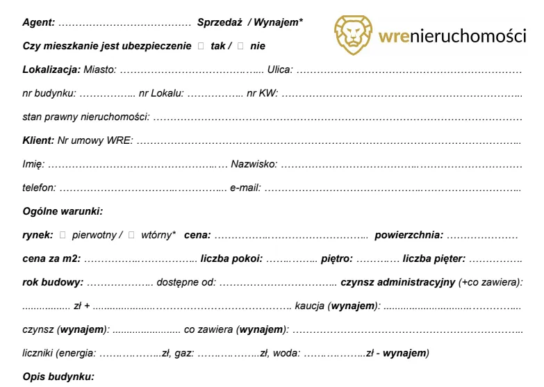 Informacje potrzebne do przygotowania oferty nieruchomości