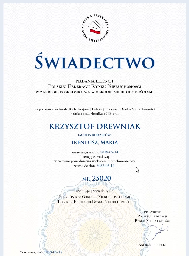 Wzór licencji pośrednika nieruchomości